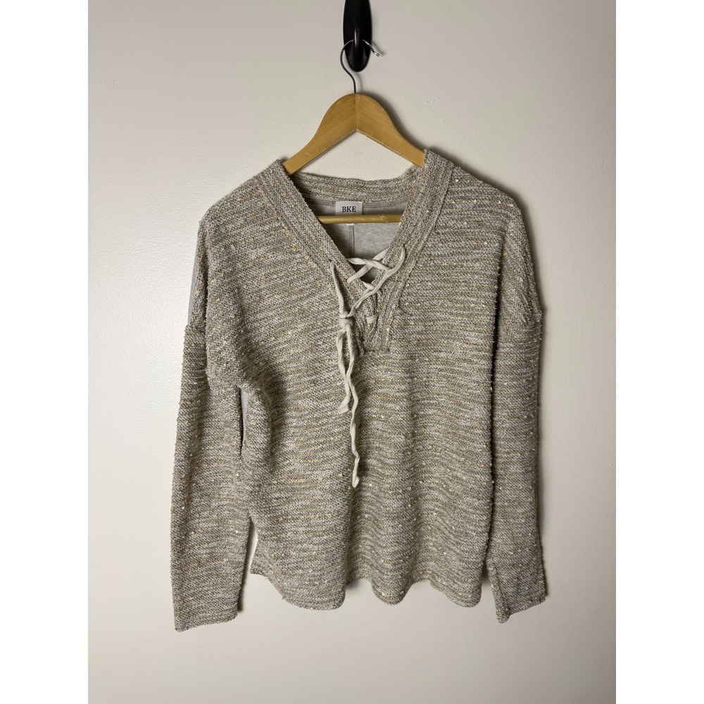 BKE Reverse French‎ Terry Top Womens M Beige V-Neck Lace Up Boho Casual Tweed